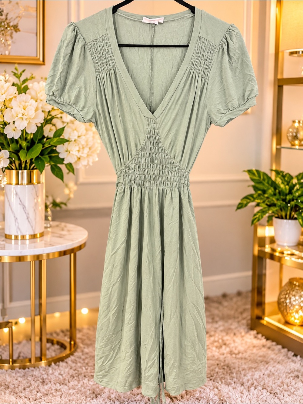 Women's V-Neck Smocked Waist Midi Dress - Sage Green
